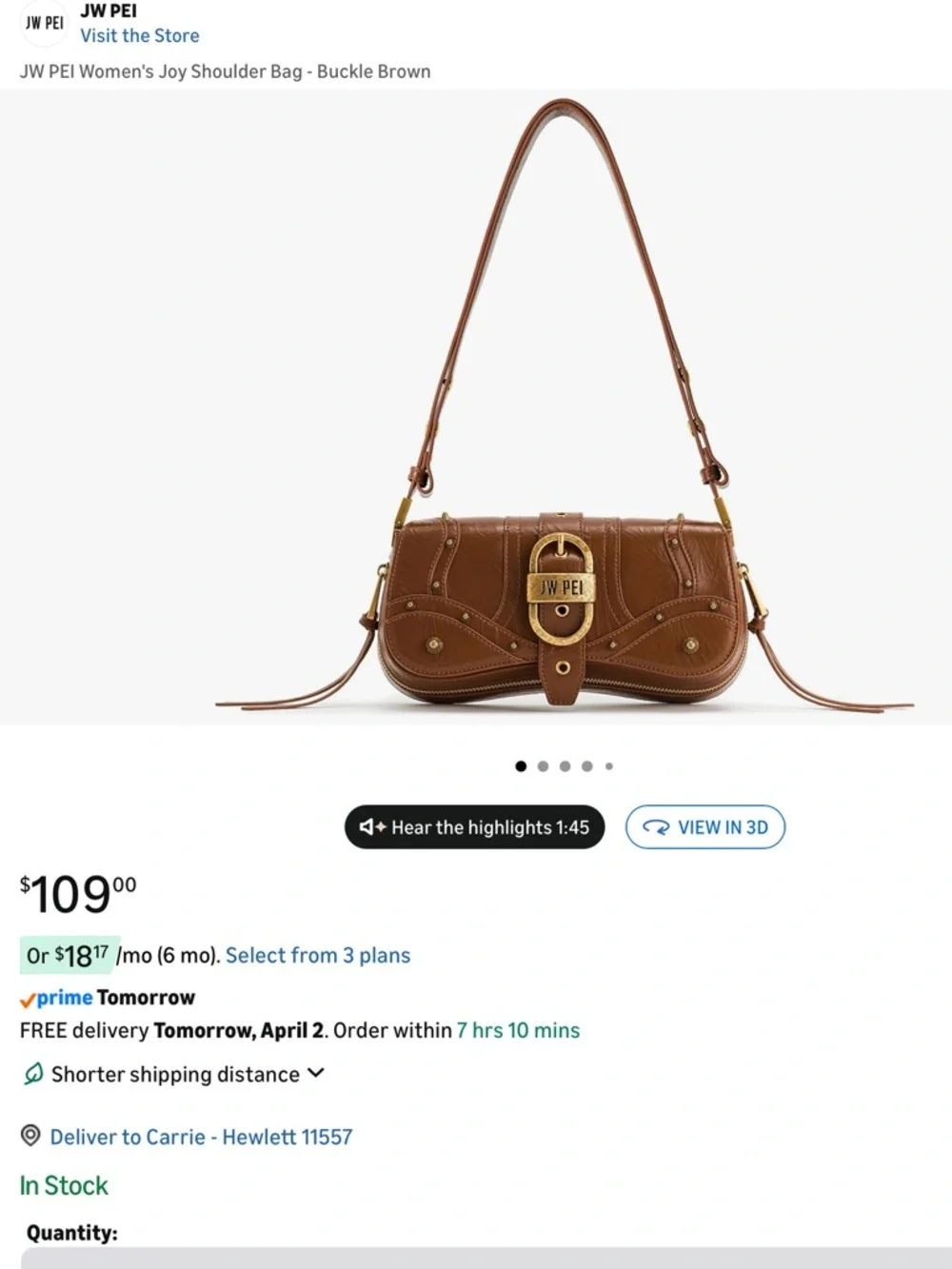 🌸JW PEI Joy Crushed Shoulder Bag Brown